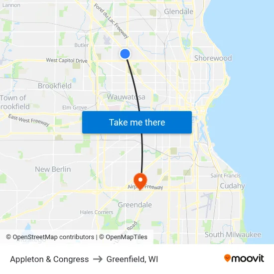 Appleton & Congress to Greenfield, WI map