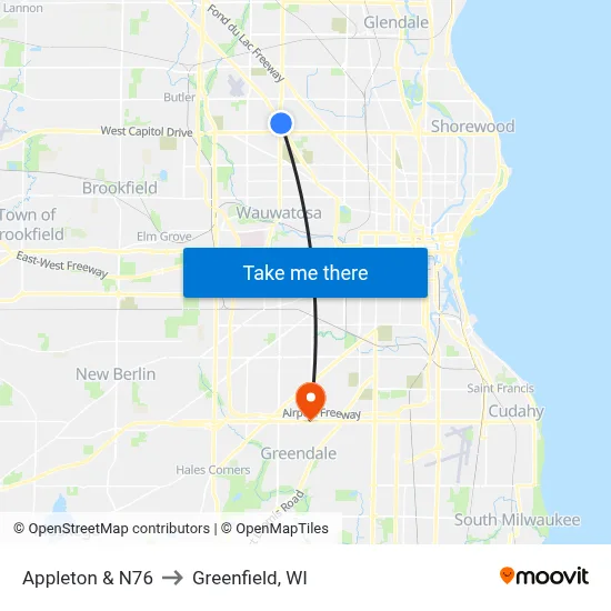 Appleton & N76 to Greenfield, WI map