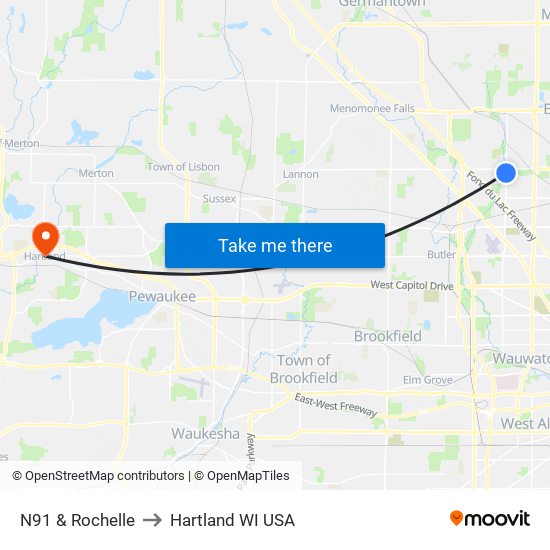 N91 & Rochelle to Hartland WI USA map