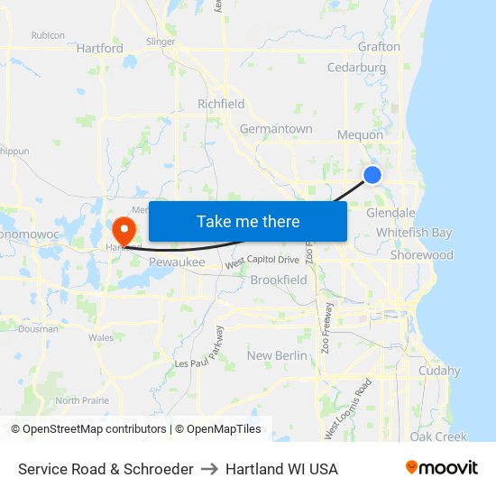 Service Road & Schroeder to Hartland WI USA map