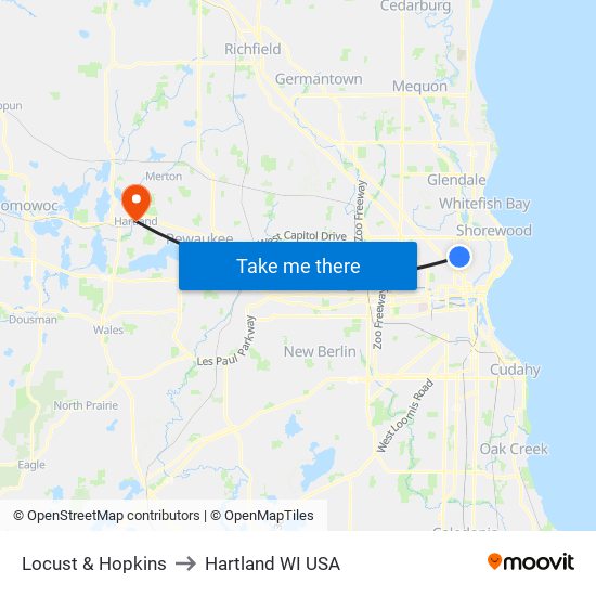 Locust & Hopkins to Hartland WI USA map