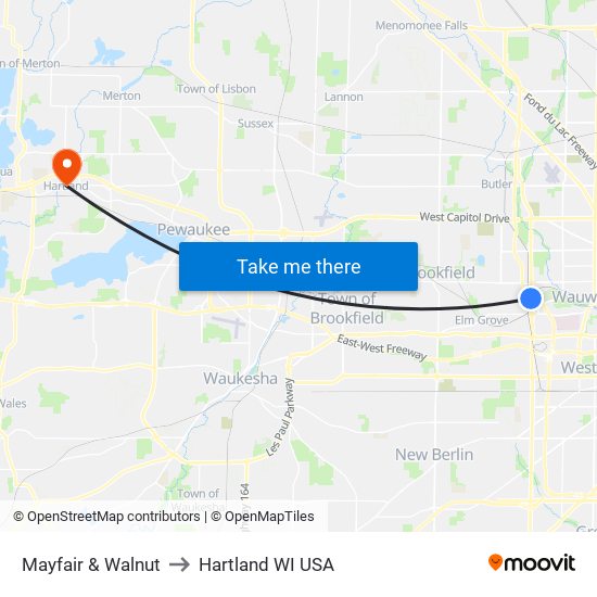 Mayfair & Walnut to Hartland WI USA map