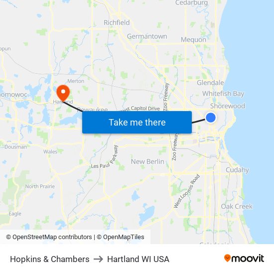 Hopkins & Chambers to Hartland WI USA map