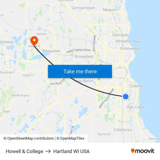 Howell & College to Hartland WI USA map