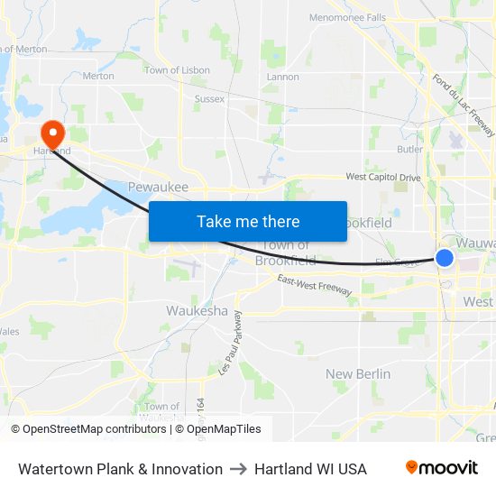 Watertown Plank & Innovation to Hartland WI USA map