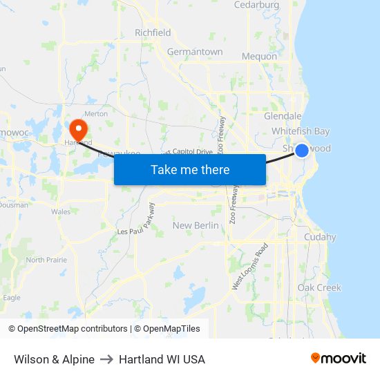 Wilson & Alpine to Hartland WI USA map