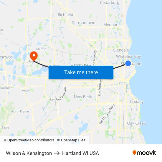 Wilson & Kensington to Hartland WI USA map