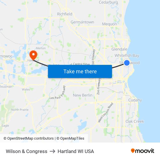 Wilson & Congress to Hartland WI USA map