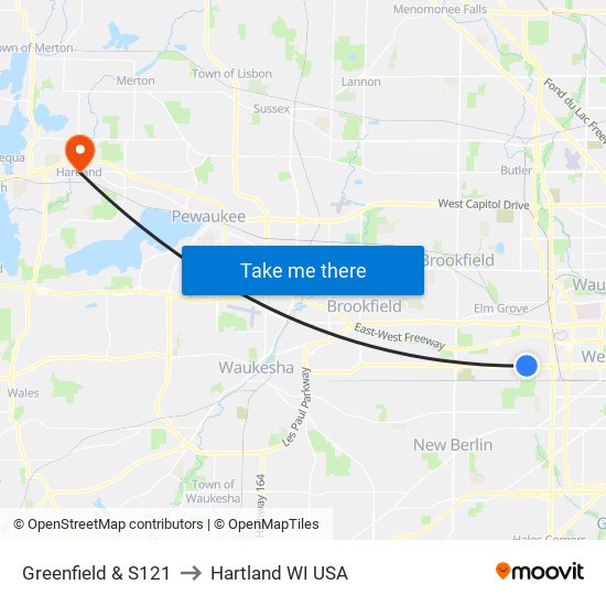 Greenfield & S121 to Hartland WI USA map