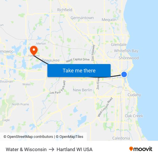 Water & Wisconsin to Hartland WI USA map