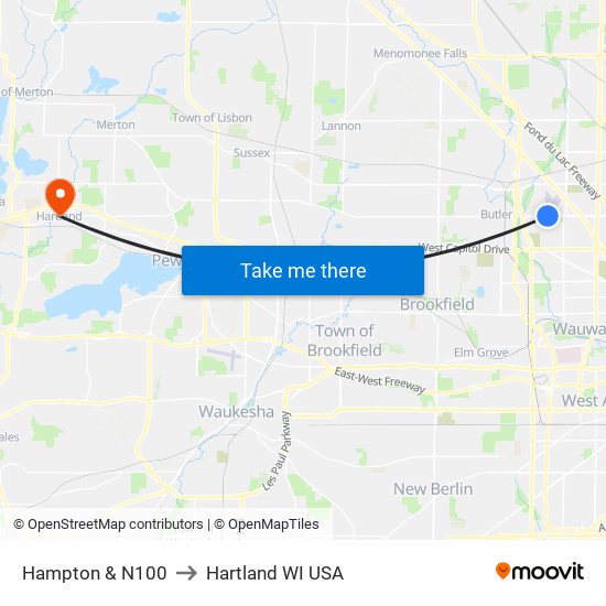 Hampton & N100 to Hartland WI USA map