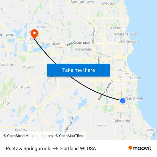 Puetz & Springbrook to Hartland WI USA map