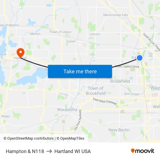 Hampton & N118 to Hartland WI USA map