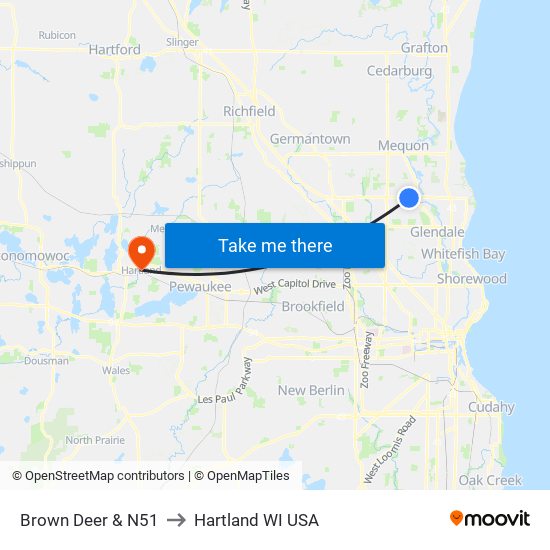 Brown Deer & N51 to Hartland WI USA map