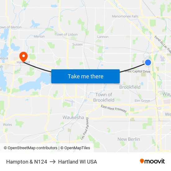 Hampton & N124 to Hartland WI USA map