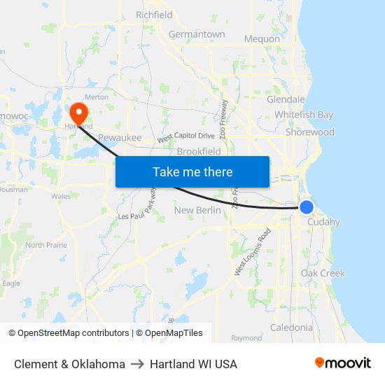 Clement & Oklahoma to Hartland WI USA map