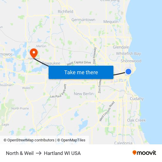 North & Weil to Hartland WI USA map
