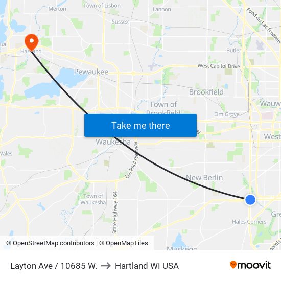 Layton Ave / 10685 W. to Hartland WI USA map