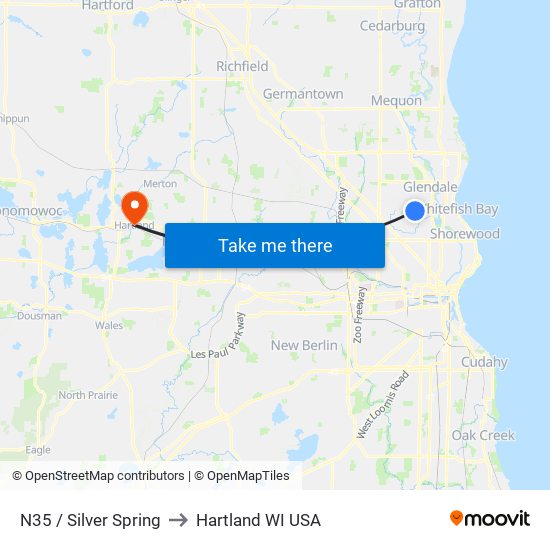 N35 / Silver Spring to Hartland WI USA map