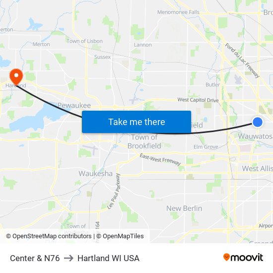 Center & N76 to Hartland WI USA map