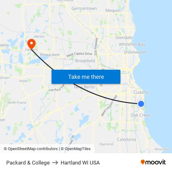 Packard & College to Hartland WI USA map