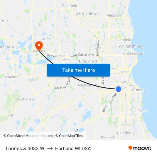 Loomis & 4083 W. to Hartland WI USA map