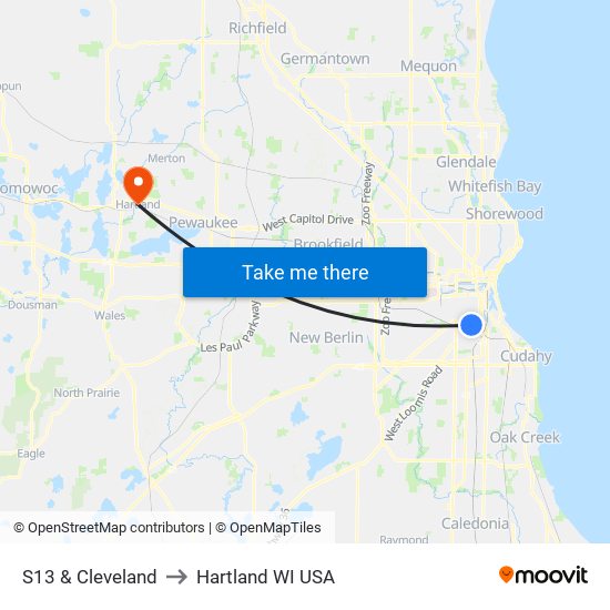 S13 & Cleveland to Hartland WI USA map