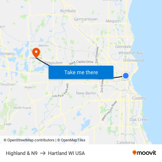 Highland & N9 to Hartland WI USA map