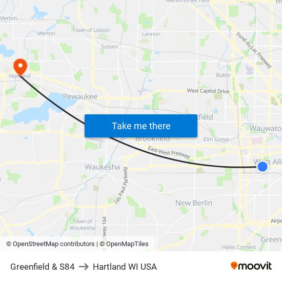 Greenfield & S84 to Hartland WI USA map