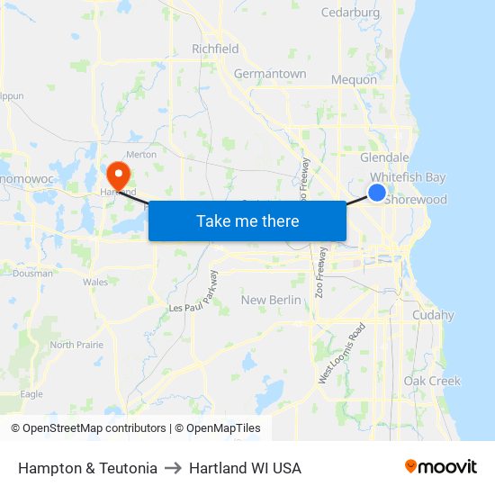 Hampton & Teutonia to Hartland WI USA map