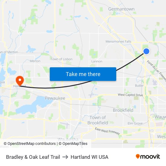 Bradley & Oak Leaf Trail to Hartland WI USA map