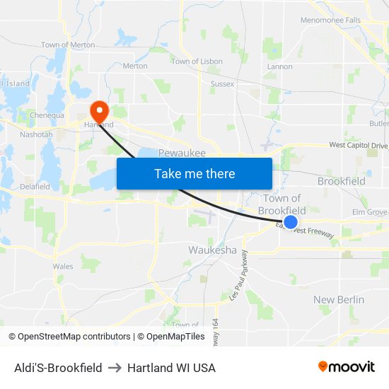Aldi'S-Brookfield to Hartland WI USA map