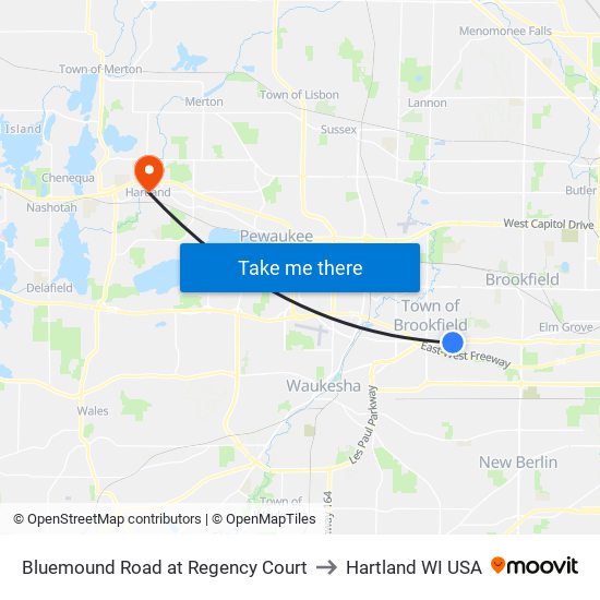 Bluemound Road at Regency Court to Hartland WI USA map