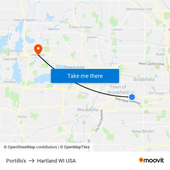 Portillo's to Hartland WI USA map