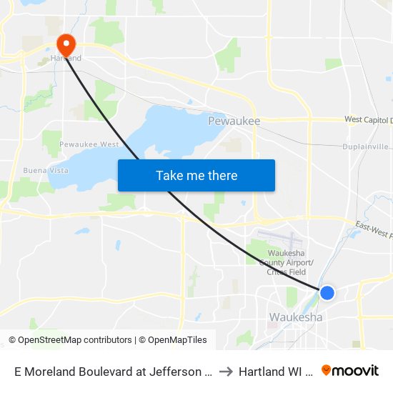 E Moreland Boulevard at Jefferson Avenue to Hartland WI USA map