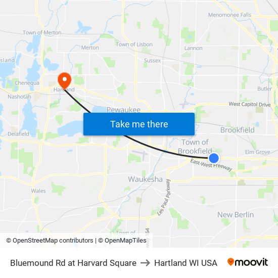 Bluemound Rd at Harvard Square to Hartland WI USA map