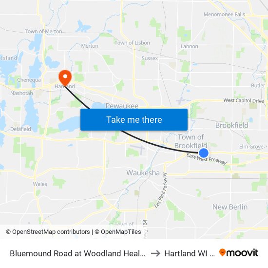 Bluemound Road at Woodland Health Center to Hartland WI USA map