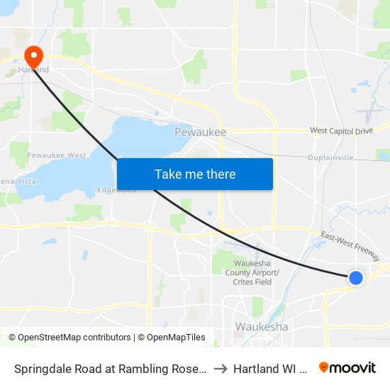 Springdale Road at Rambling Rose Road to Hartland WI USA map