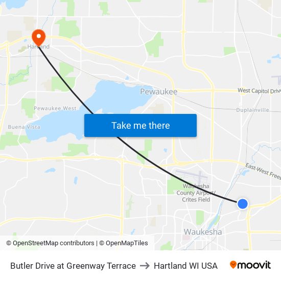 Butler Drive at Greenway Terrace to Hartland WI USA map