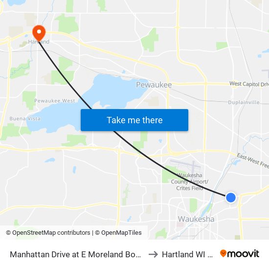 Manhattan Drive at E Moreland Boulevard to Hartland WI USA map