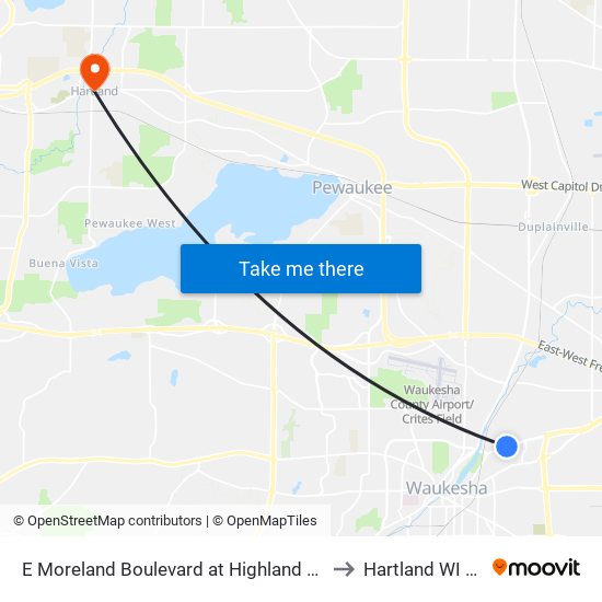 E Moreland Boulevard at Highland Avenue to Hartland WI USA map