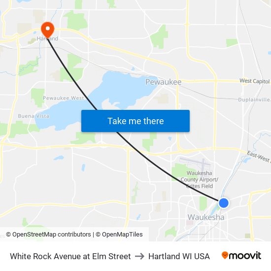 White Rock Avenue at Elm Street to Hartland WI USA map