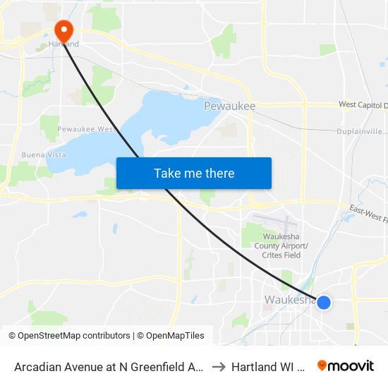Arcadian Avenue at N Greenfield Avenue to Hartland WI USA map