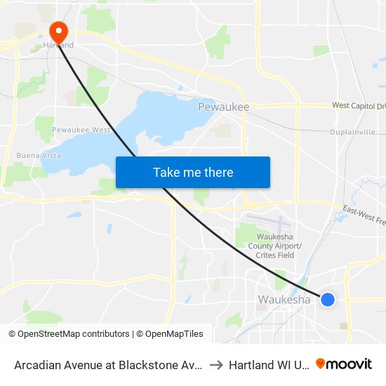 Arcadian Avenue at Blackstone Avenue to Hartland WI USA map