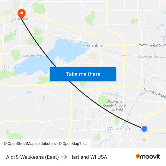 Aldi'S-Waukesha (East) to Hartland WI USA map