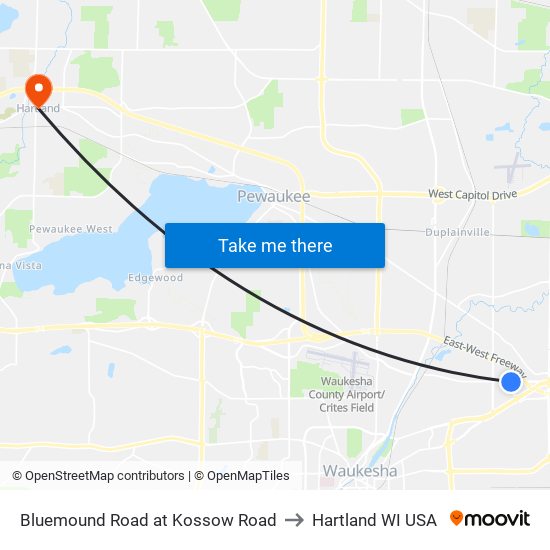 Bluemound Road at Kossow Road to Hartland WI USA map