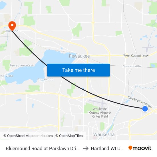 Bluemound Road at Parklawn Drive to Hartland WI USA map