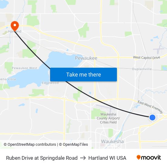 Ruben Drive at Springdale Road to Hartland WI USA map