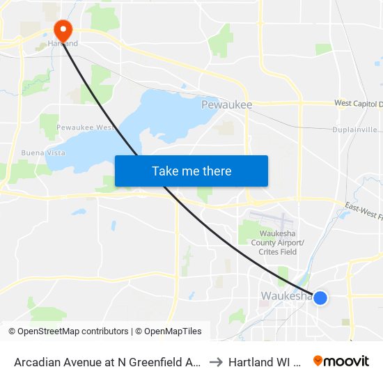 Arcadian Avenue at N Greenfield Avenue to Hartland WI USA map