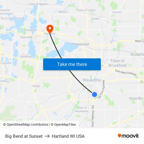 Big Bend at Sunset to Hartland WI USA map